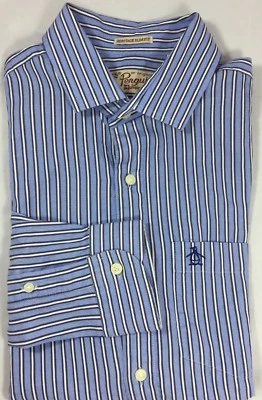 Camisa de vestir Penguin para hombre calce ajustado azul blanco a rayas 100 % algodón manga larga Foto 1 de 4