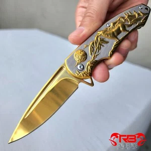8" Tactical Gold Color Wolf Engraved Spring Assisted Folding Pocket Knife Blade - Picture 1 of 14