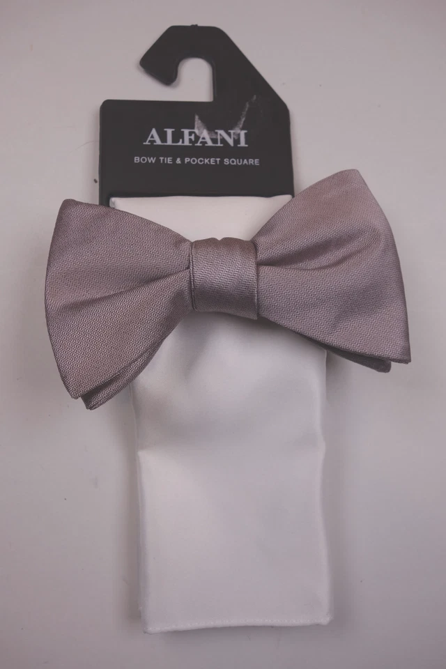 ALFANI Solid Dusty Purple Silver Bow Tie & Solid White Pocket Square NEW - Image 1 of 1