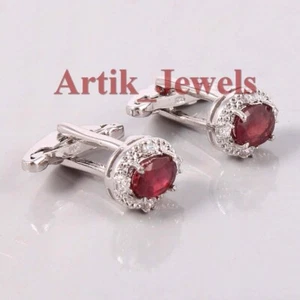 Heated Ruby & CZ Gemstone With 925 Sterling Silver Cufflink #688 - Picture 1 of 9