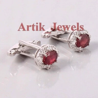 Heated Ruby & CZ Gemstone With 925 Sterling Silver Cufflink #688 - Image 1 of 4