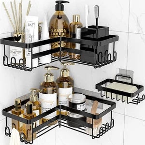 3-Pack Black Corner Shower Caddy with Hooks - Adhesive Bathroom Organizer - Picture 1 of 12
