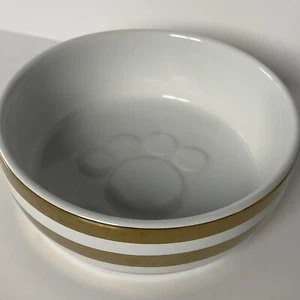 Top Paw Dog Bowl White With Gold Stripes EmbossedPaw Print Inside Ceramic EUC - Picture 1 of 12