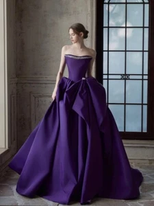Purple Prom Dresses Beaded Pleated Backless Floor Length Satin Party Gowns - Picture 1 of 7