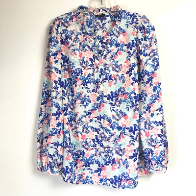 Blusa Talbots Mujer Grande Popover Top Azul Rosa Floral Manga Larga Medio Botón Foto 1 de 4