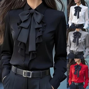 Women's Long Sleeve Business Blouses with Bow Decoration Casual Workwear Shirts - Picture 1 of 14