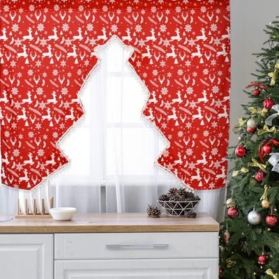 Christmas Tree Kitchen Curtain Xmas Tree Window Valance Decorations Seasonal  - Image 1 of 4