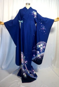 Japanese Fine kimono SILK"FURISODE" ,Plants,SAKURA,Gold leaf, ShadingL5'6"..4621 - Picture 1 of 14