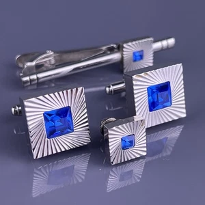Juego de gemelos cuadrados remolino de diamantes de imitación azules clip de corbata y prendedor tono plateado vintage - Imagen 1 de 7