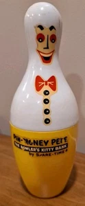Vintage Bowling Pin Form Bank Pin Geld Pete Bowler's Kitty Fliege gelber Sockel - Bild 1 von 6