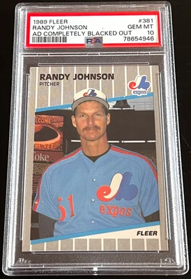 1989 FLEER #381 RANDY JOHNSON PSA 10 ROOKIE AD COMPLETELY BLACKED OUT - Image 1 of 3