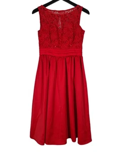 Elise Ryan Evening Dress Size 10 Bright Red Lace Top Satin Skirt Midi Length - Picture 1 of 16