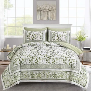 Floral Queen Comforter Set, 7 Piece Bed in a Bag Queen Size Sage Green Flower... - Picture 1 of 9