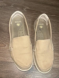 Crocs Women's Walu Loafer Size 9 Canvas Tan Slip On Casual Comfort Shoes 14391 - Picture 1 of 4