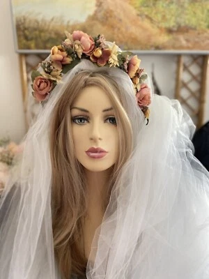 Vintage Bridal Wedding Hair Accessory Crown Earth Tones Boho Unique Handmade 70s - Image 1 of 4