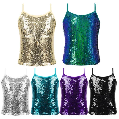 Kids Girls Tops Sequins Dancewear Gymnastics Tank Vest Shiny Street Dance Jazz - Image 1 of 4