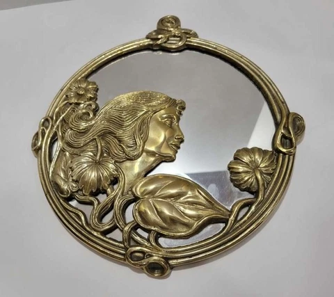 Vintage Art Nouveau Mirror/Round Brass Framed Maiden/ Lady Cover