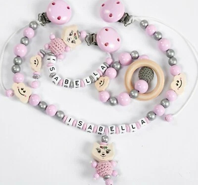 NELINO SCHNULLERKETTE MIT NAMEN SET Schnullerkette mit Namen 3 tlg. SET mit Kinderwagenkette Baby♥Geburt♥Geschenk