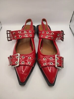 Red Slingback Flats w/ Silver Buckle Ballet Flats Welt Squared Heel size 8 - Image 1 of 4