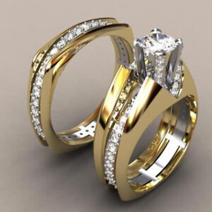 Amatory Round Cut Sapphire Men&Woman Wedding Ring 18k Gold Plated Rings Sz7 1Set