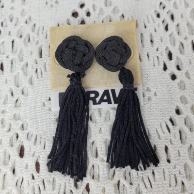 Vintage 80s RAVE Black Retro Tassel Woven Earrings Set - Image 1 of 3