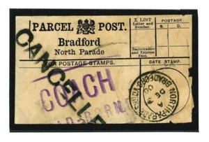 GB PAQUETE ETIQUETA POSTAL 1906 GB Bradford Yorks Raro *CANCELADO* Explicativo 1510  - Imagen 1 de 2