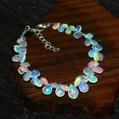 Natural Ethiopian Fire White Opal Faceted Almond Teardrops 925 Silver Bracelet - Image 1 of 3
