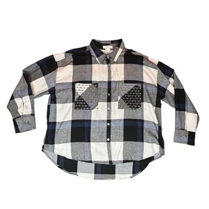 Life Flannel Women Large Black White Blue Buffalo Check Lightweight Button Shirt - Picture 1 of 12
