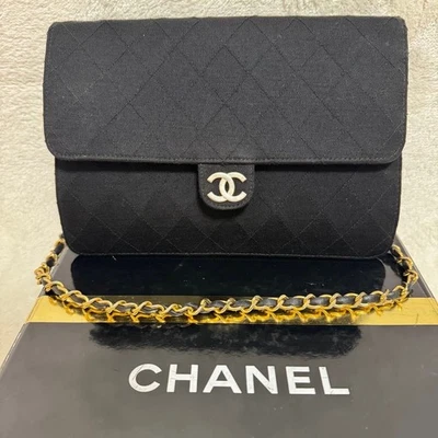 CHANEL Matelasse Chain Shoulder Bag Black Cotton CC Logo Push Lock Vintage Auth - Image 1 of 4