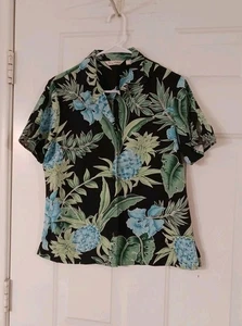 Tommy Bahama Hawaiian Top Shirt Women Medium Black Floral 100% Silk Short Sleeve - Picture 1 of 6