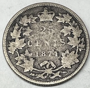 1874 H Silver Canada 25 Cents ... Quarter. Original Coin With No Major  Problems - Picture 1 of 4