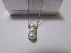 3 5mm White Freshwater Pearl Balance Beam Pendant 18" 925 Silver Necklace  - Picture 1 of 3