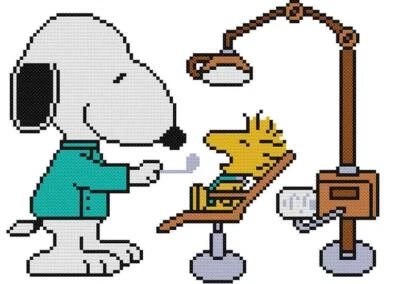 CROSS STITCH+ CRAFT PATTERN Snoopy Dog Beagle Dentist Chair Woodstock Teeth DMD - Image 1 of 4