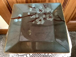 PIER 1 TRANQUIL 10.5" SQUARE STONEWARE PLATE GREEN W/ CHERRY BLOSSOM - Picture 1 of 3