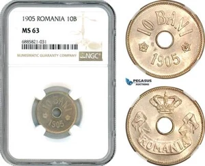 AJ534, Romania, Carol I, 10 Bani 1905, Brussels Mint, NGC MS63 - Picture 1 of 1