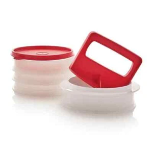 New Tupperware Large Hamburger Burger Press + 4 Storage Containers Red & White - Bild 1 von 1
