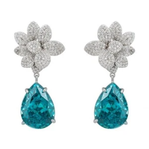 Elegant Orchid Flower Teardrop Simulated Topaz & Sapphire Drop Dangle Earrings - Picture 1 of 7
