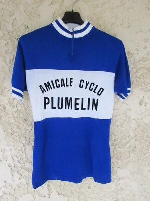 Maillot cycliste AMICALE CYCLO PLUMELIN vintage bleu jersey shirt NORET 70'S M - Photo 1/3