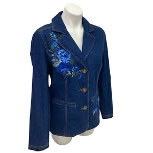 D & Co Denim Jacket Blazer Womens XS Blue Floral Embroidery Boho Country Work - Picture 1 of 12