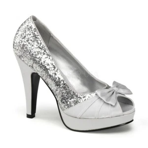 Pin Up Couture - Bettie Silver Glitter Satin Peep Toe Heels UK 2 - Picture 1 of 1