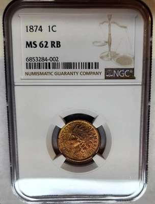 Choice 1874 Indian Head Penny Cent 1C NGC MS62 RB Uncirculated Beauty !!! - Image 1 of 4
