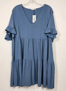 Blau V-Ausschnitt Rüschenärmel Stufenkleid Größe 2XL Neu mit Etikett Boho Prärie Landhaus Strand - Bild 1 von 6