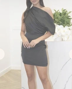 NEW TIGERMIST BLACK OFF SHOULDER SILKY SATIN DRAPE MINI DRESS 8 LAST1 - Foto 1 di 4