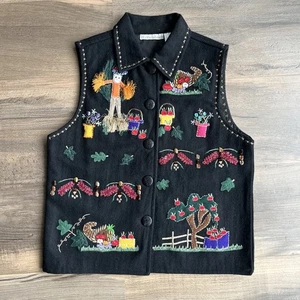 Dress Barn Women’s Wool Blend Vest Fall Theme Appliqué Lined Collar Black Medium - Picture 1 of 12