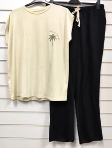 LADIES QUALITY JERSEY CREAM WITH BLACK PYJAMA SET UK SIZE 16/18 - Picture 1 of 2