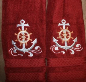 Nautical Bathroom SET OF 2 HAND TOWELS EMBROIDERED - Picture 1 of 3