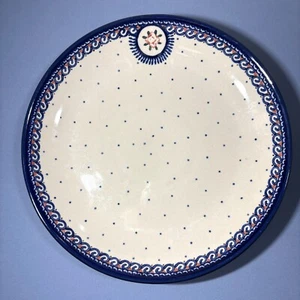 Unikat polnische Keramik Teller #77 blaue Punkte Rose Medaillon signiert J Chyka 10,5" - Bild 1 von 7