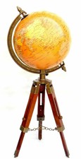 Vintage Brass World Map Table Tripod GLOBE ORNAMENT W Wooden Stand Collectible