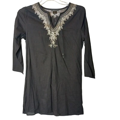 Top túnica negro grande con borla borlada plateada algodón hippy boho nuevo con etiquetas #I-2 Foto 1 de 4