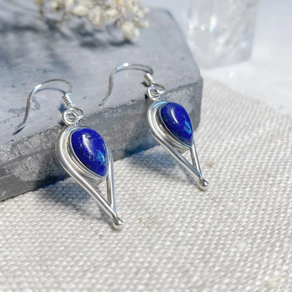 Teardrop Dangle Earrings Lapis Lazuli Gemstone Women Earrings Drop Earrings - Image 1 of 4
